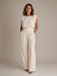 Aurelia Shoulder-Pad Pleated Wide-Leg Jumpsuit