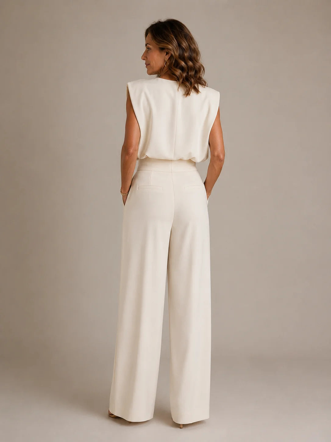 Aurelia Shoulder-Pad Pleated Wide-Leg Jumpsuit