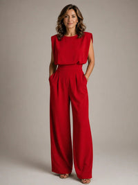 Aurelia Shoulder-Pad Pleated Wide-Leg Jumpsuit