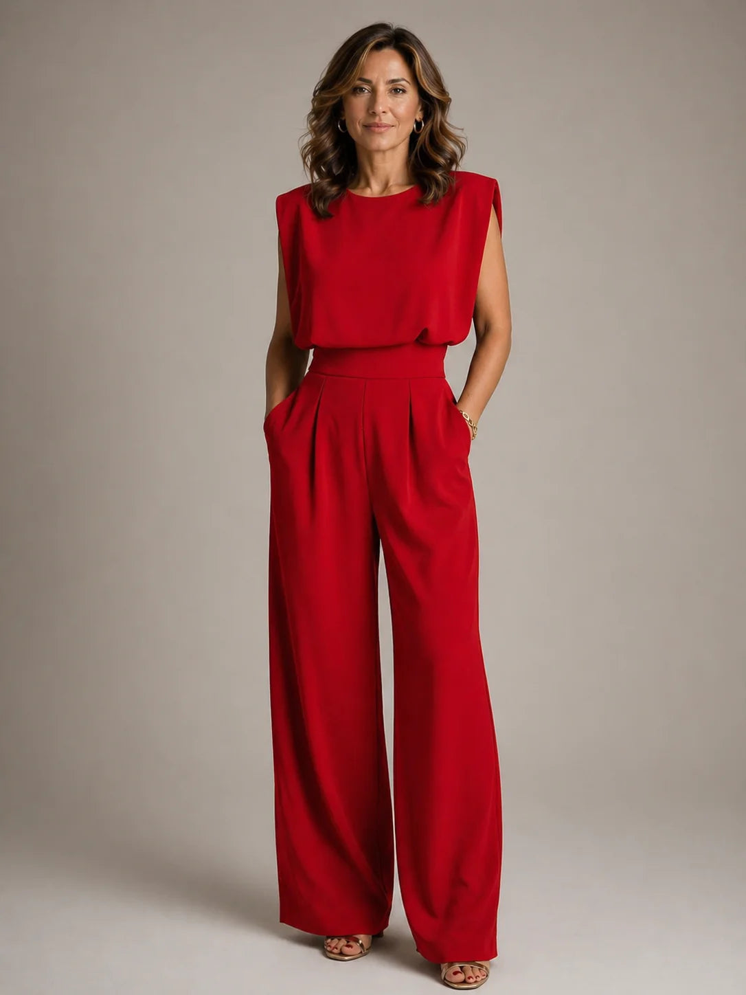 Aurelia Shoulder-Pad Pleated Wide-Leg Jumpsuit