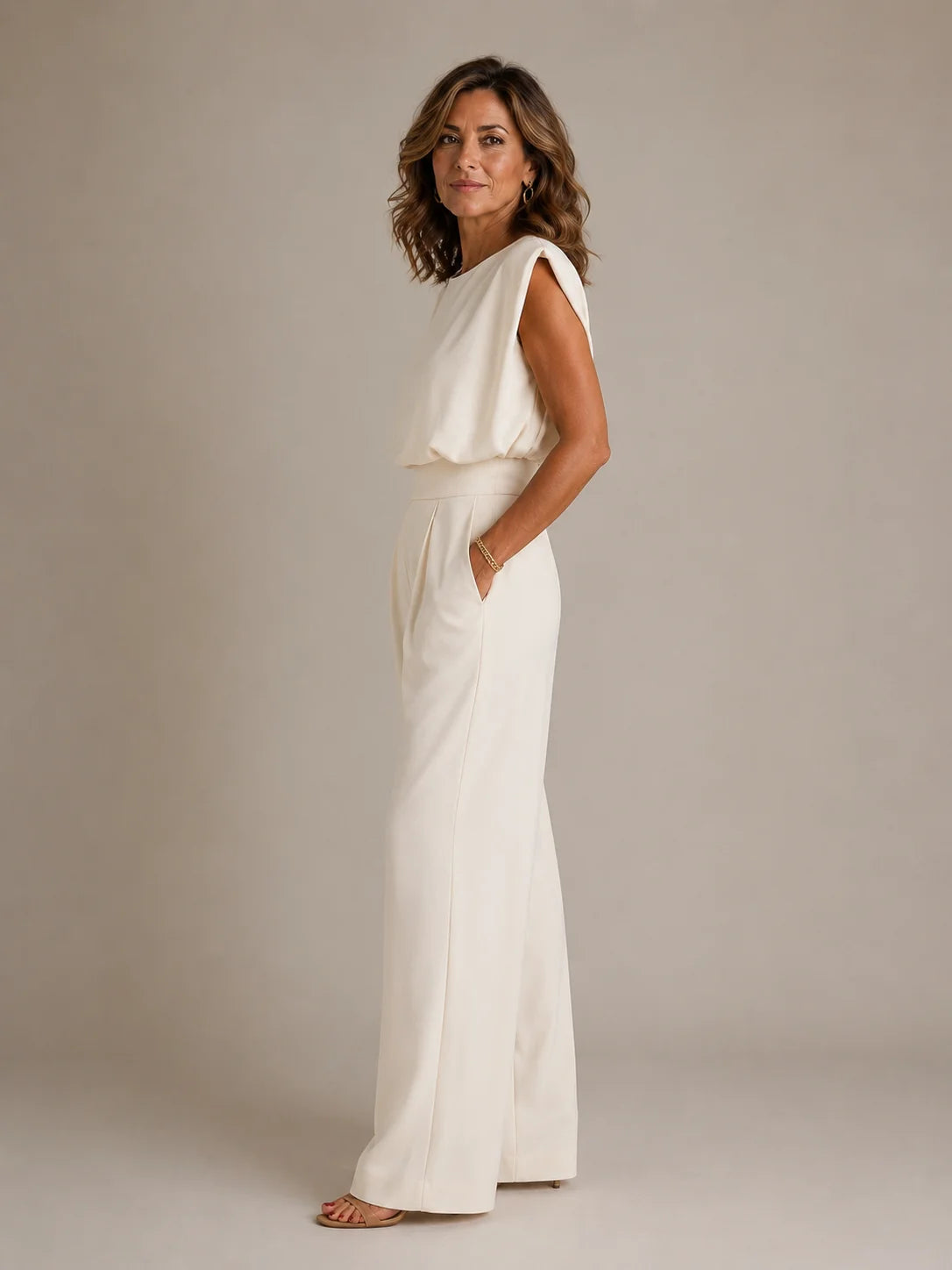 Aurelia Shoulder-Pad Pleated Wide-Leg Jumpsuit