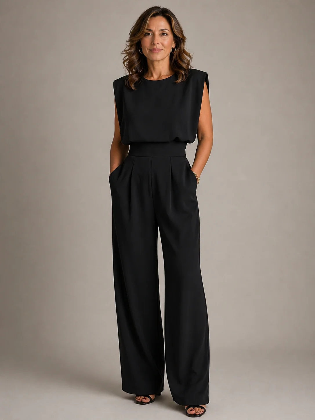 Aurelia Shoulder-Pad Pleated Wide-Leg Jumpsuit