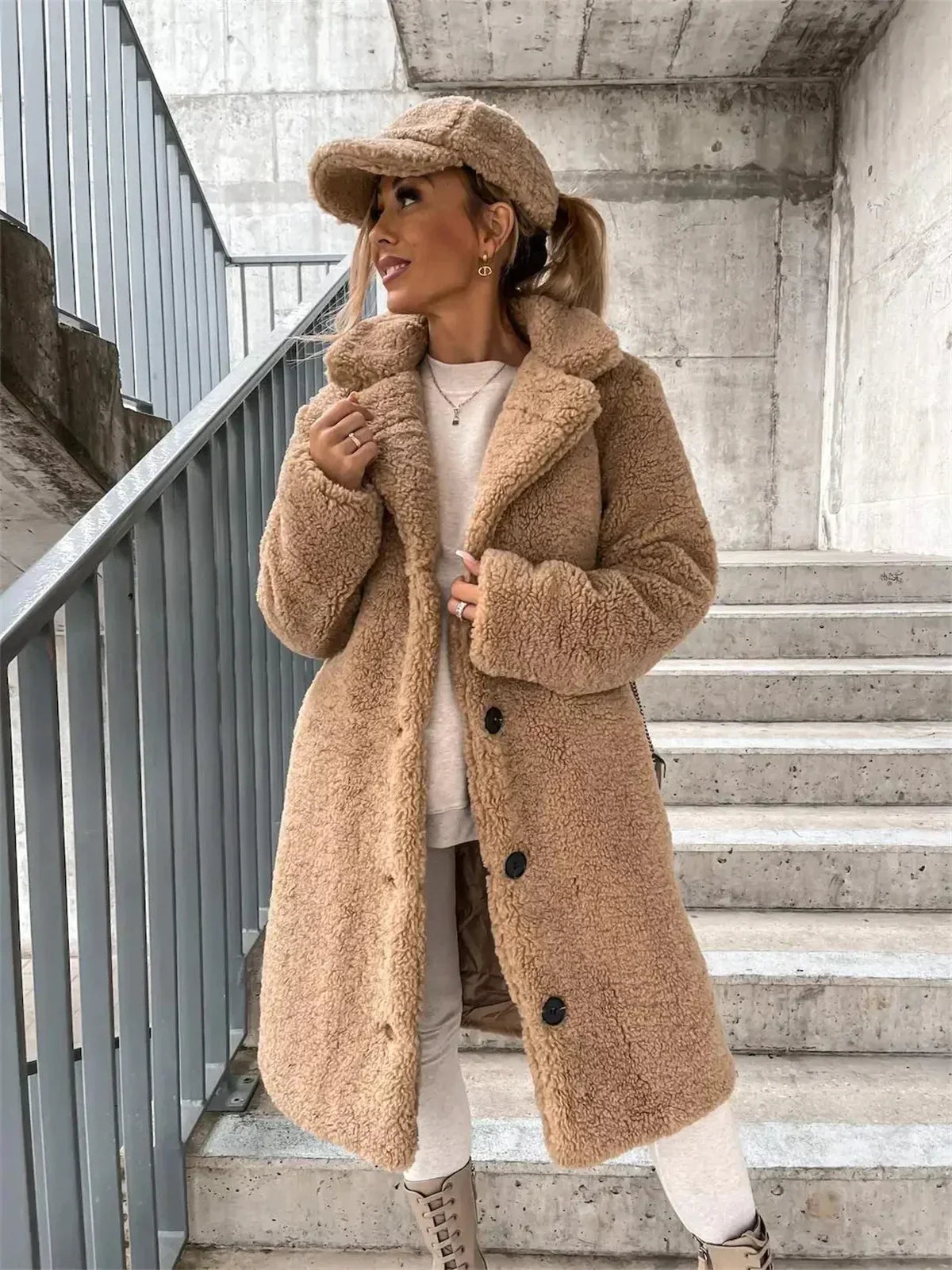Aurelia Single-Breasted Teddy Fleece Long Coat