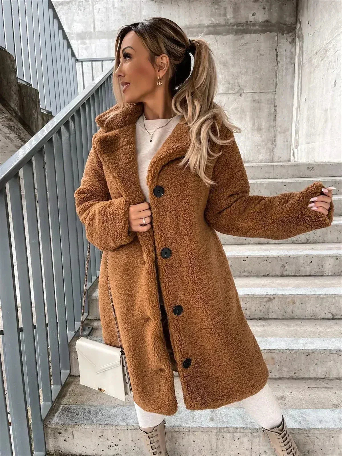 Aurelia Single-Breasted Teddy Fleece Long Coat