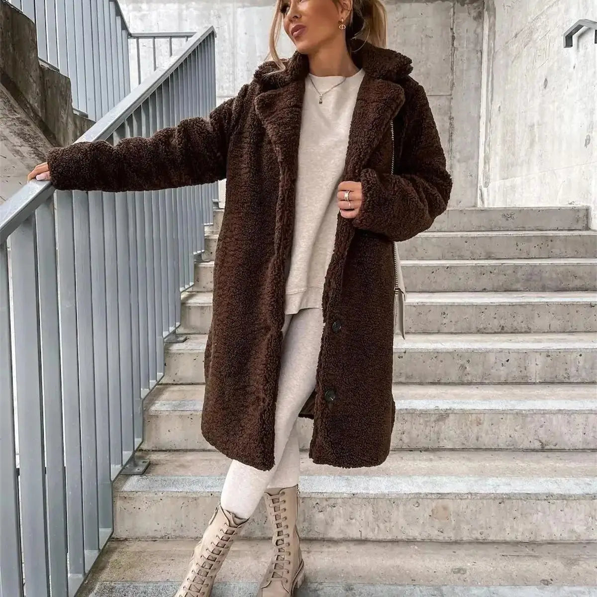 Aurelia Single-Breasted Teddy Fleece Long Coat