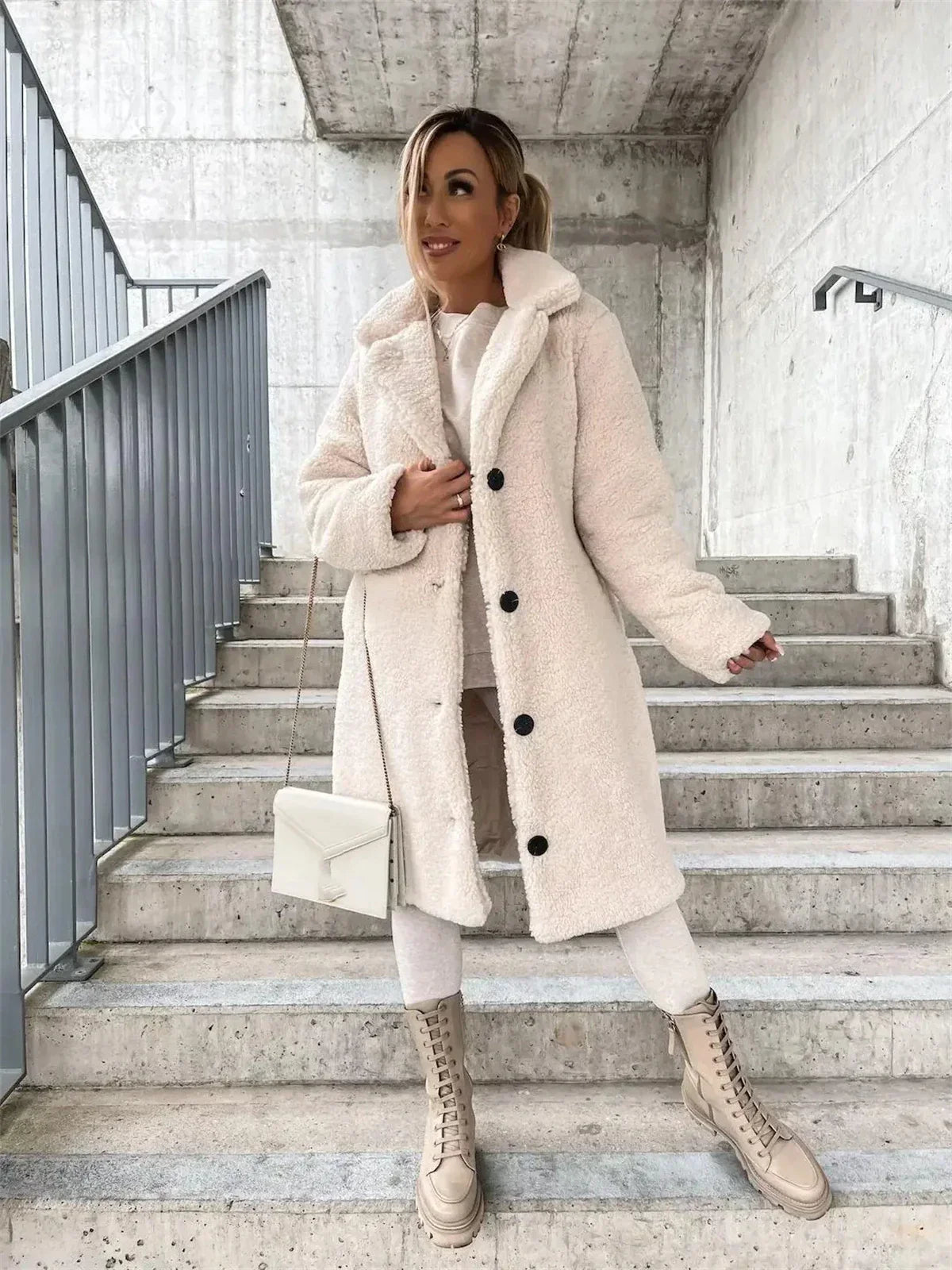 Aurelia Single-Breasted Teddy Fleece Long Coat