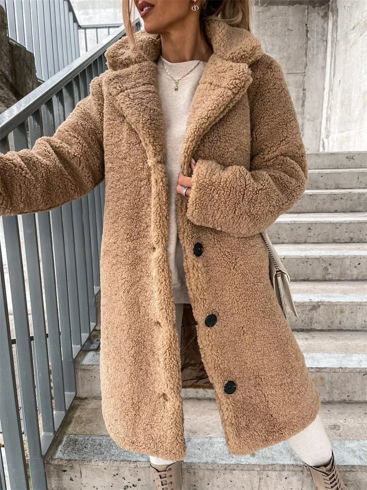 Aurelia Single-Breasted Teddy Fleece Long Coat