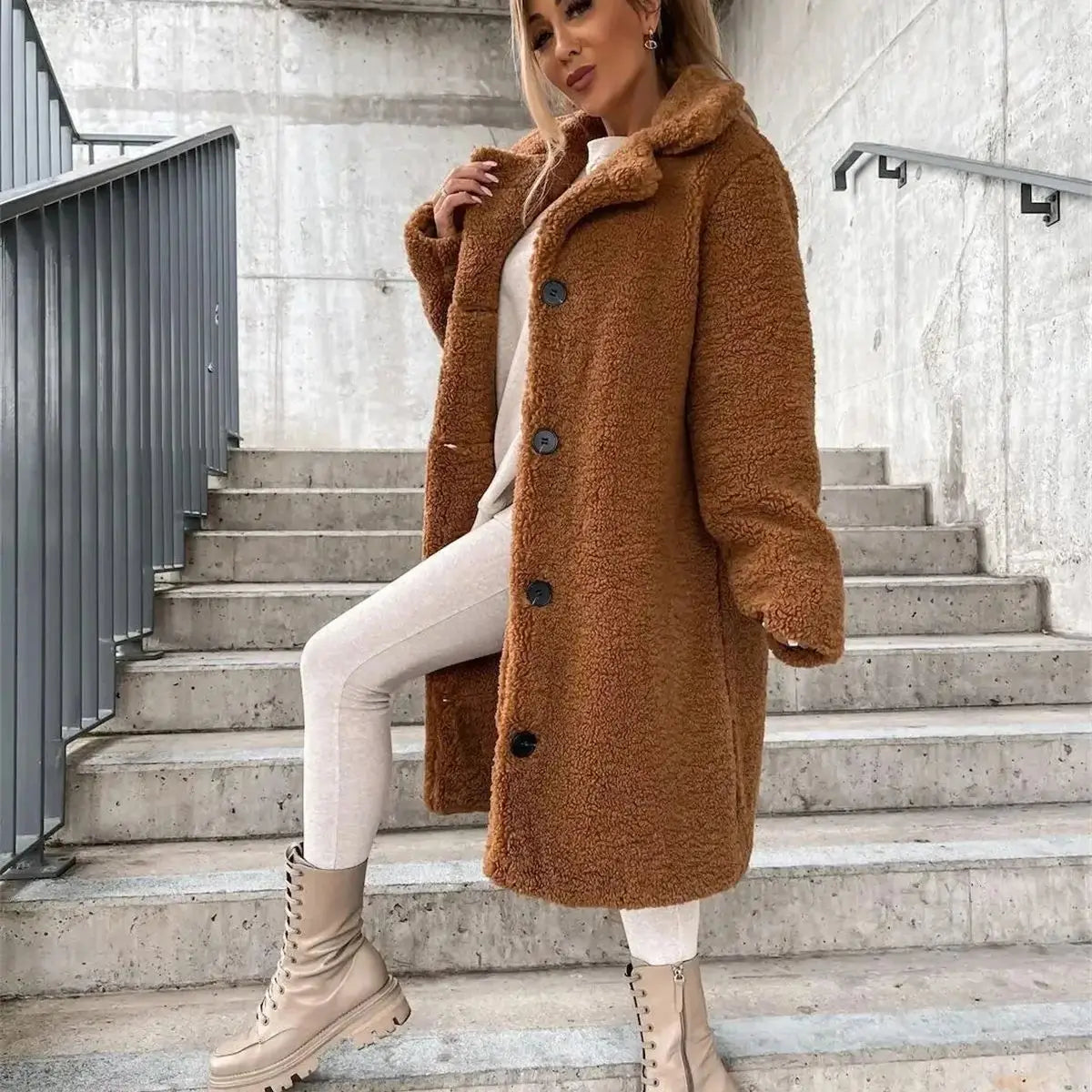 Aurelia Single-Breasted Teddy Fleece Long Coat