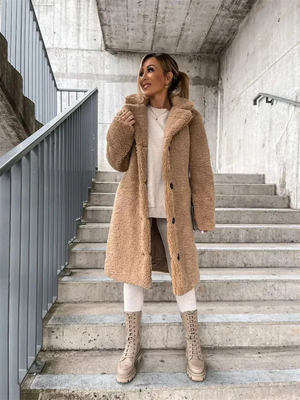 Aurelia Single-Breasted Teddy Fleece Long Coat