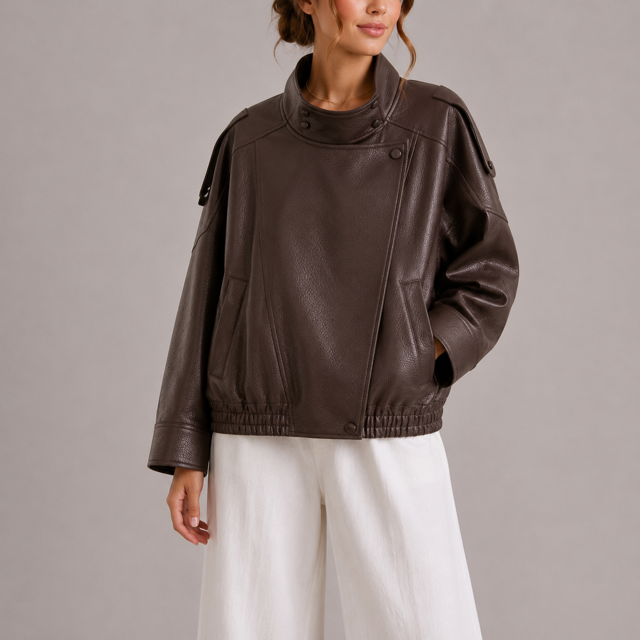 Aveline High-Neck Oversized Faux Leather Bomber Jacket