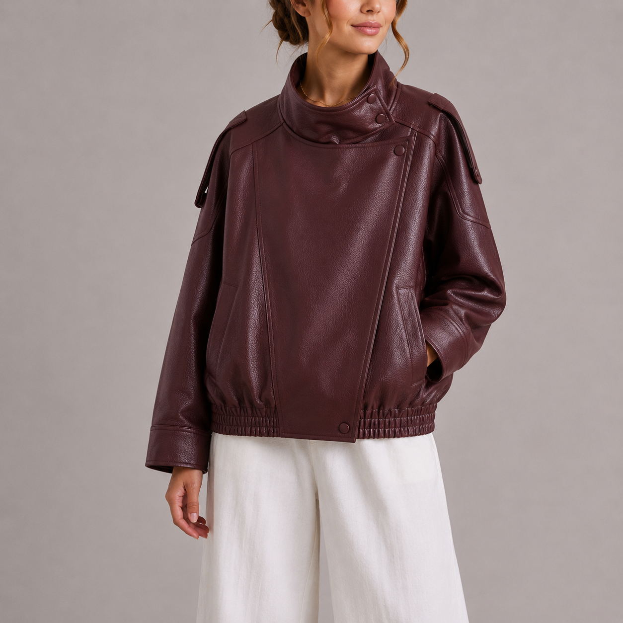 Aveline High-Neck Oversized Faux Leather Bomber Jacket