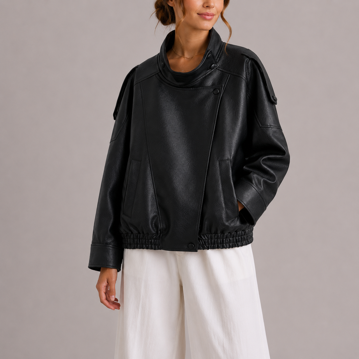 Aveline High-Neck Oversized Faux Leather Bomber Jacket