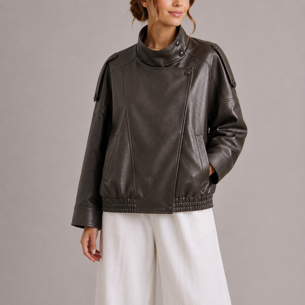 Aveline High-Neck Oversized Faux Leather Bomber Jacket