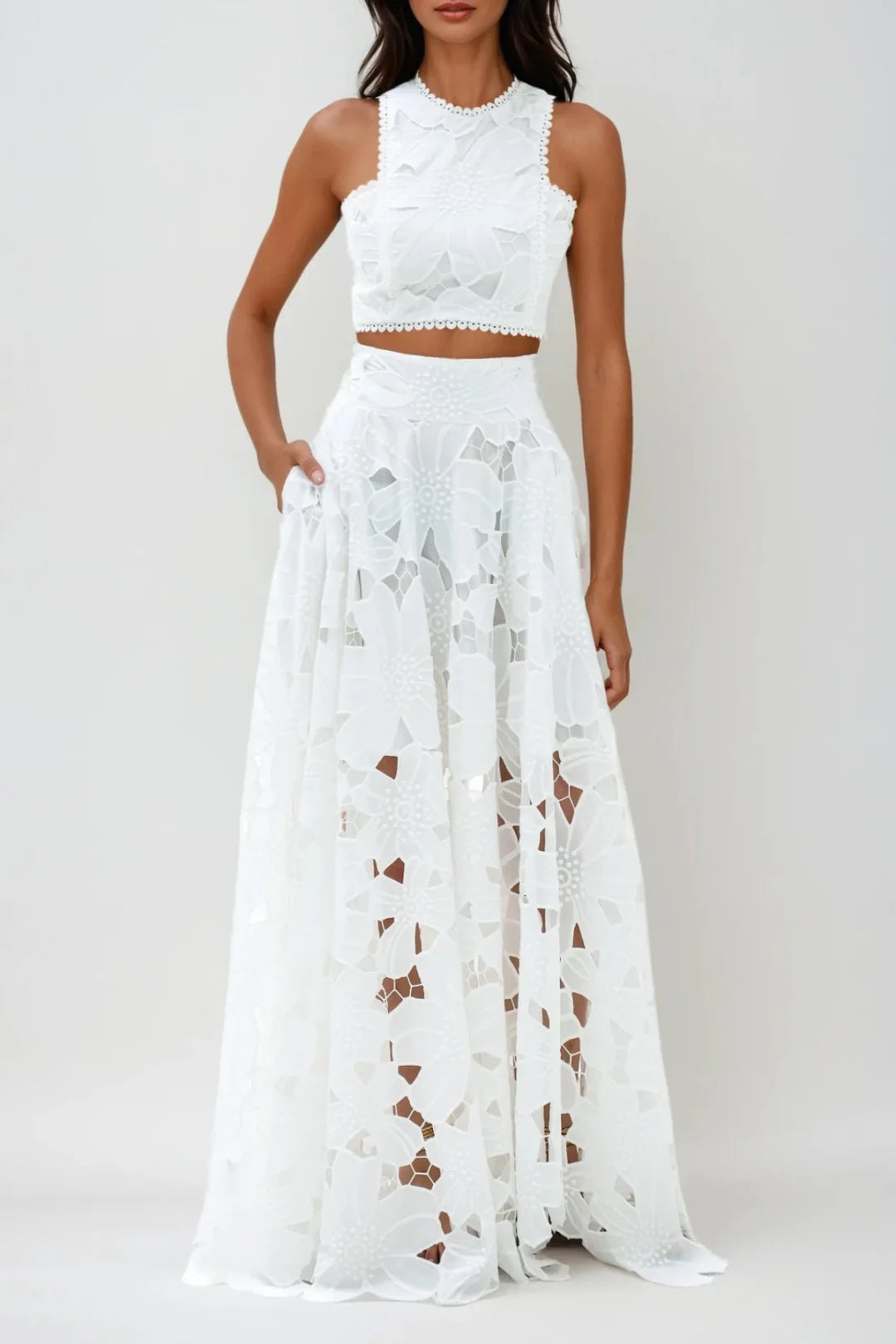 Aveline Lace Sleeveless Flower Cutout Maxi Skirt Set