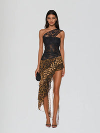 Aveline One-Shoulder Lace Leopard Maxi Dress