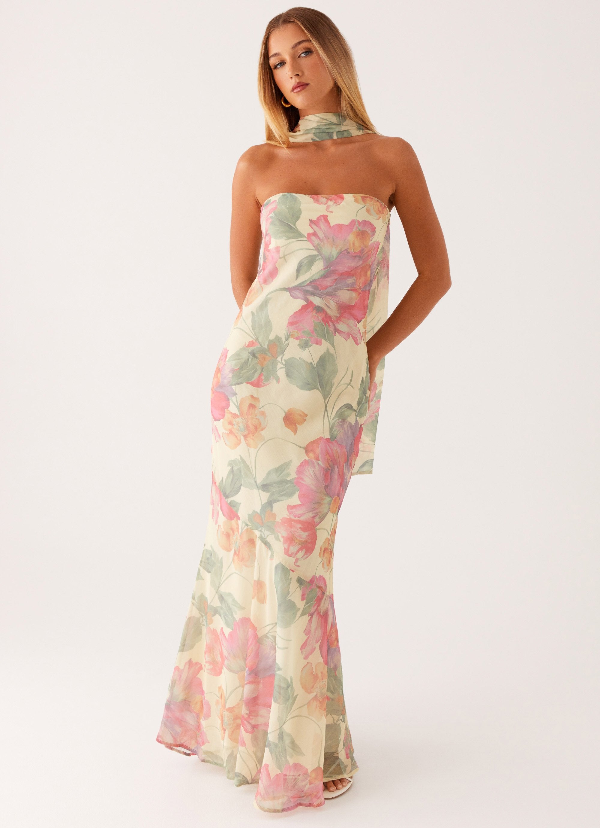 Aveline Strapless Floral Maxi Dress with Scarf Detail