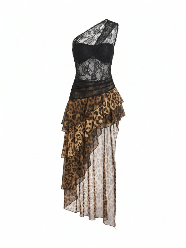Aveline One-Shoulder Lace Leopard Maxi Dress