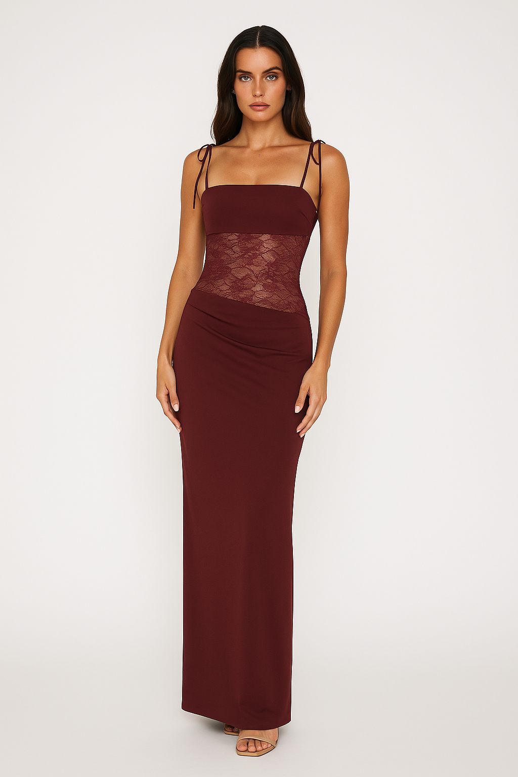 Averra - Sheer Lace Waist Column Gown 1