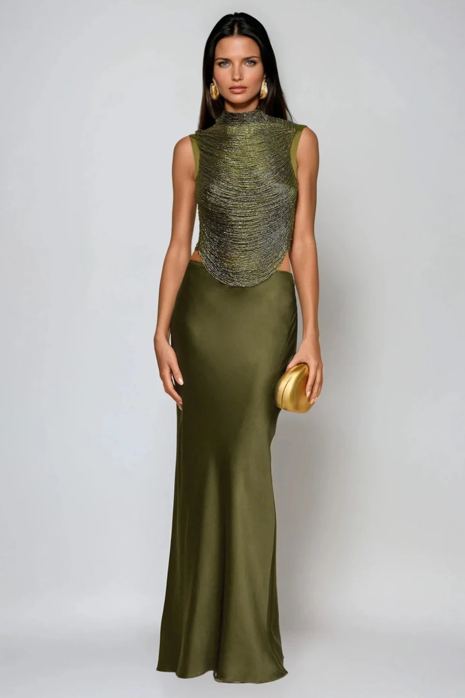Aviora Draped High Neck Satin Maxi Skirt Set