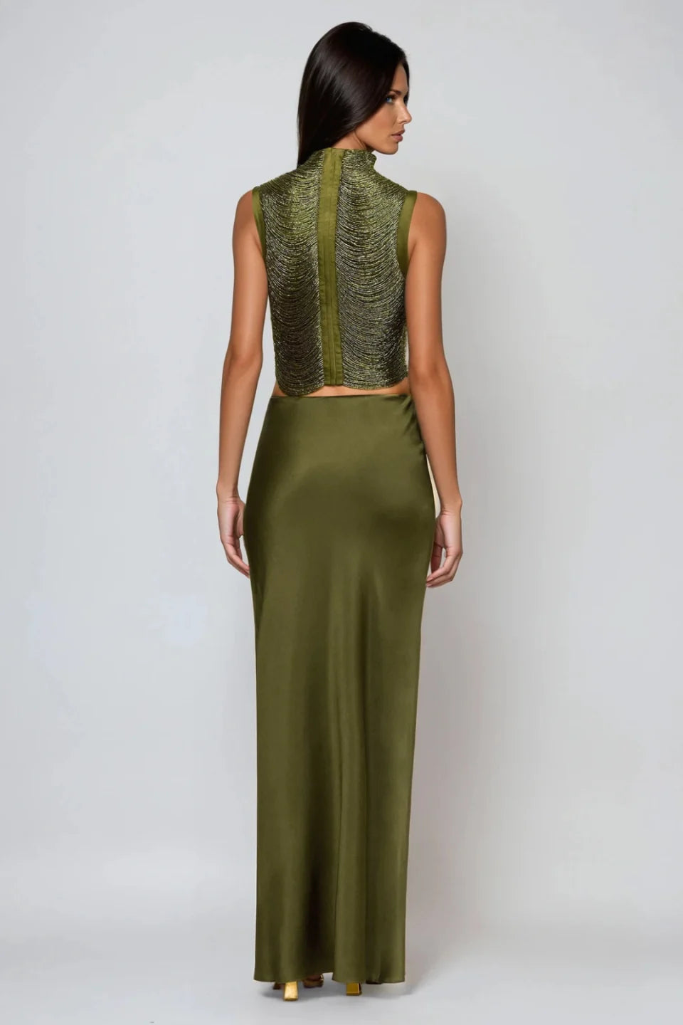 Aviora Draped High Neck Satin Maxi Skirt Set
