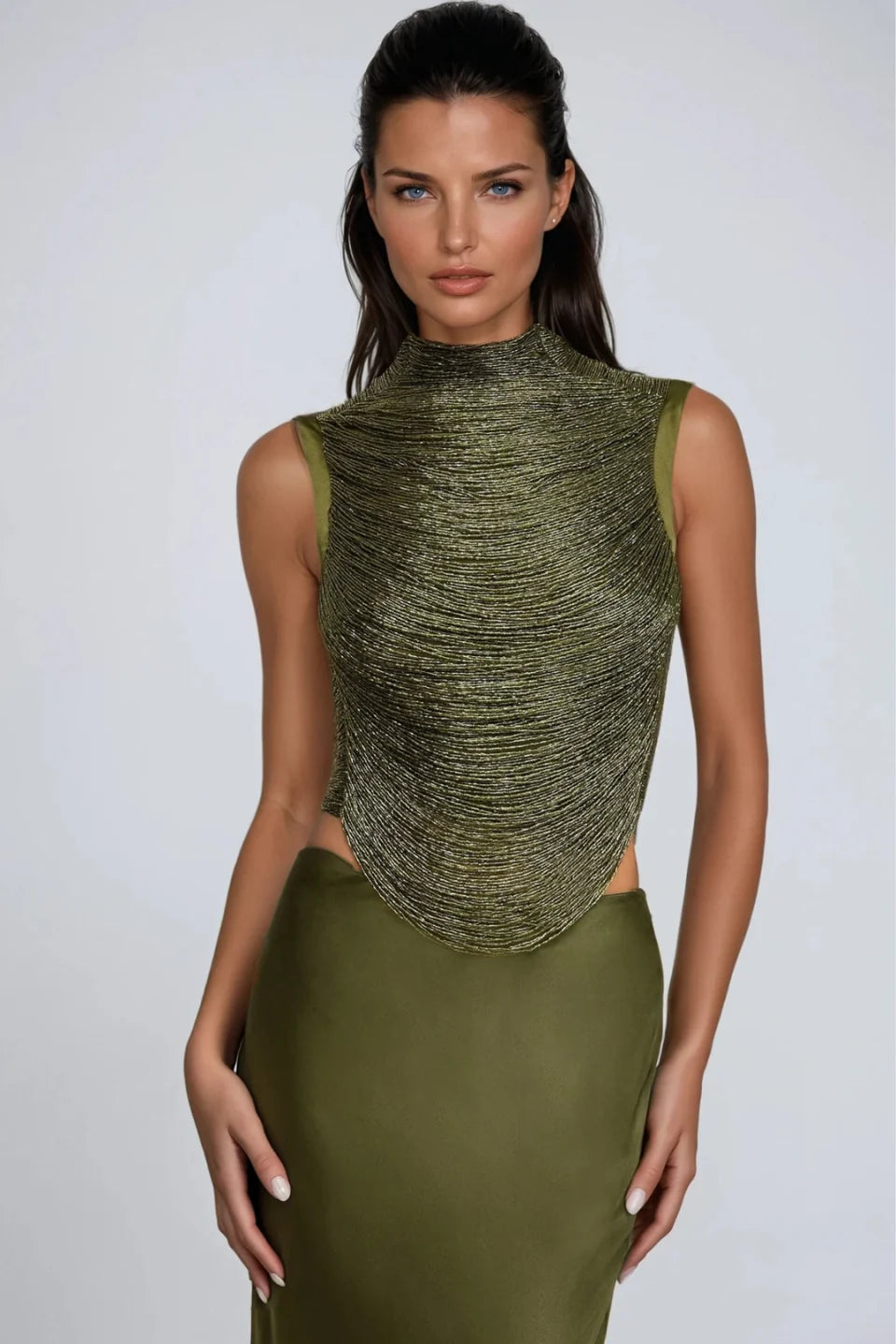 Aviora Draped High Neck Satin Maxi Skirt Set