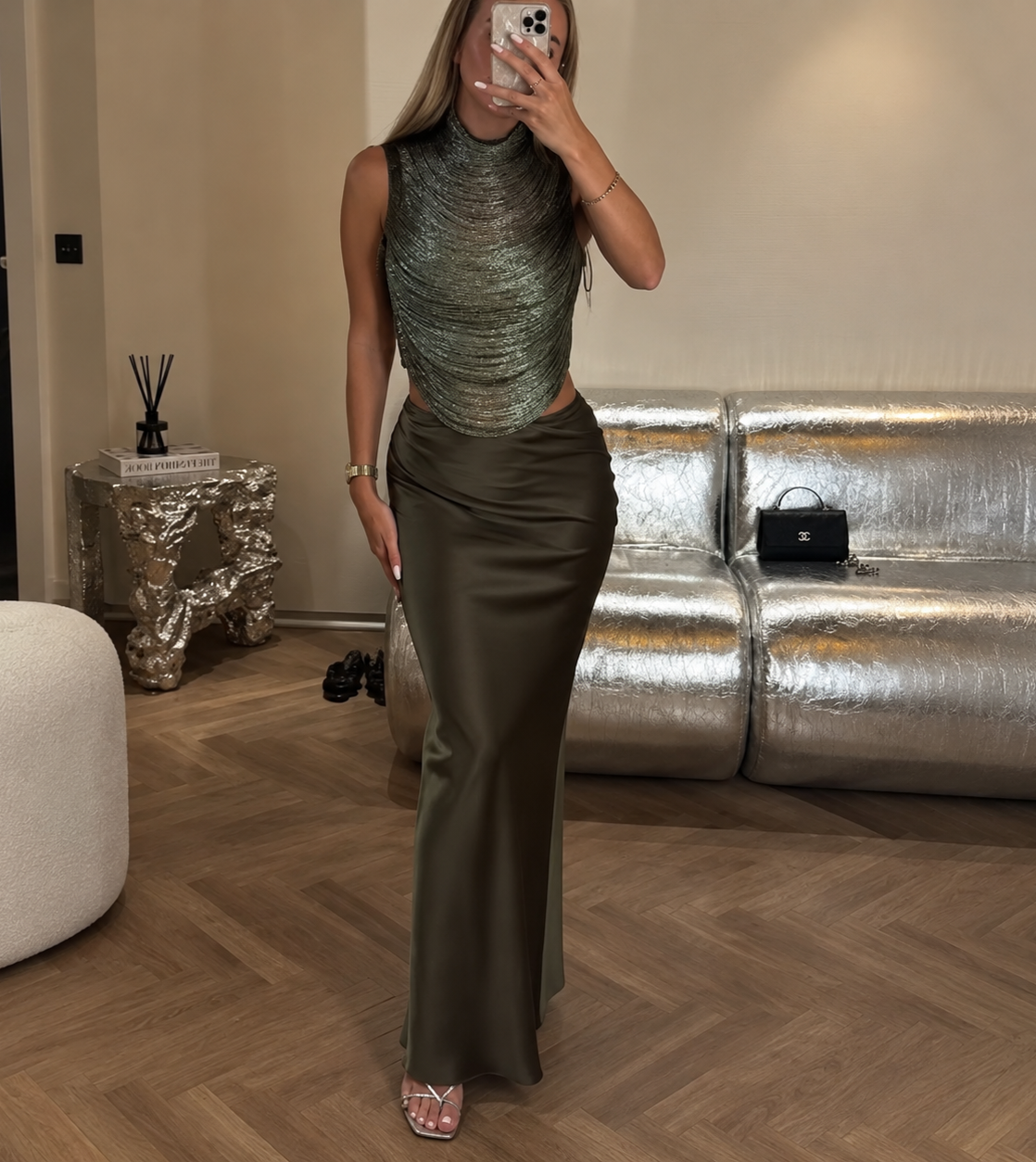 Aviora Draped High Neck Satin Maxi Skirt Set