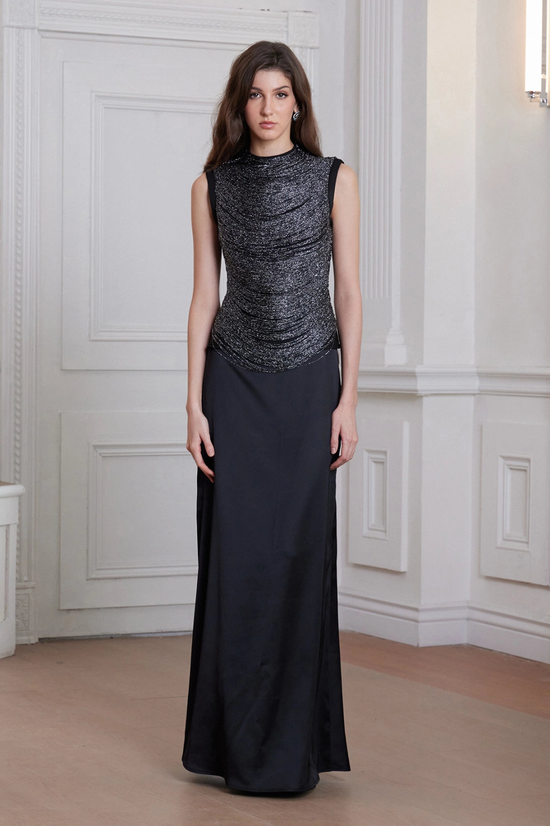 Aviora Draped High Neck Satin Maxi Skirt Set In Black