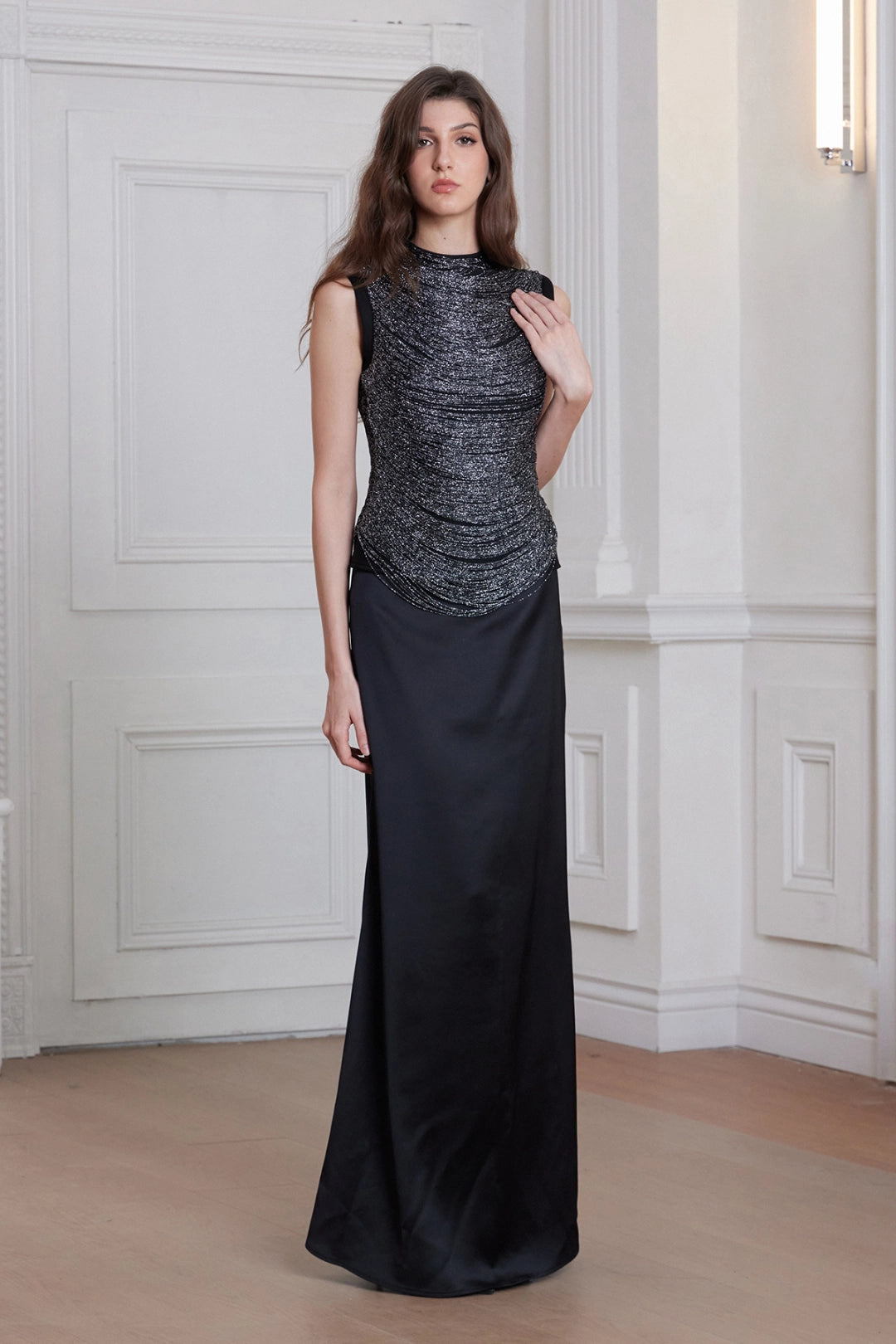 Aviora Draped High Neck Satin Maxi Skirt Set In Black