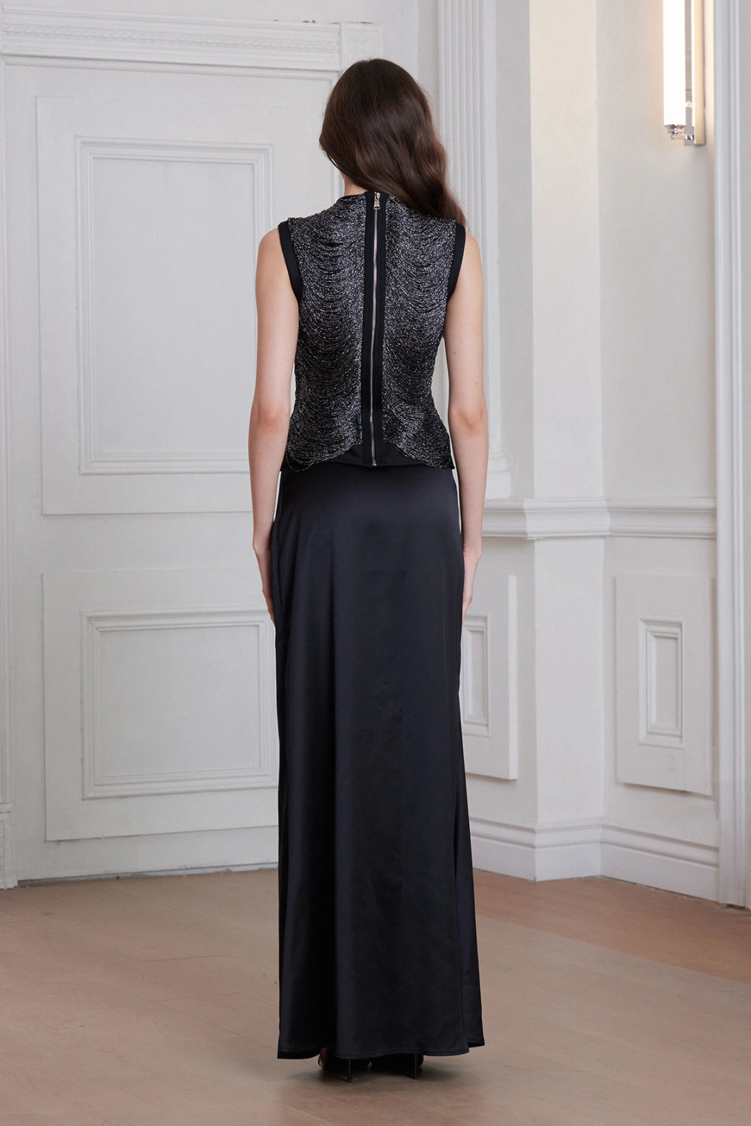 Aviora Draped High Neck Satin Maxi Skirt Set In Black