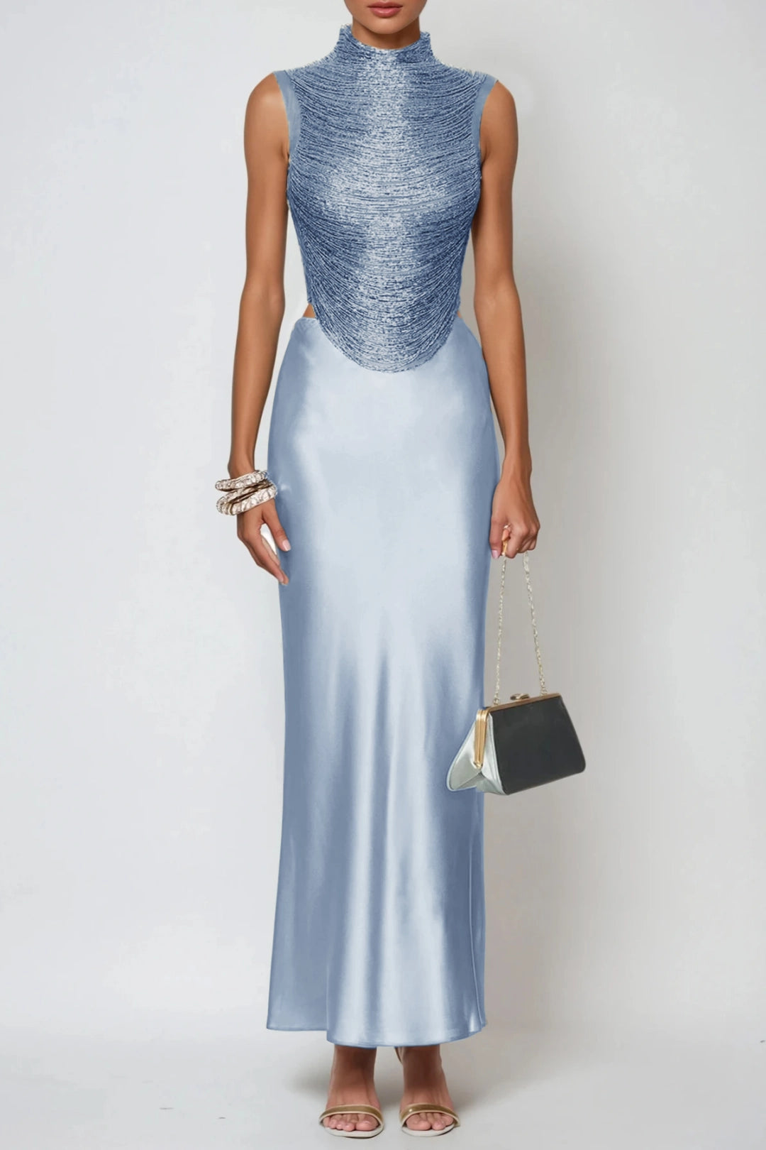 Aviora Draped High Neck Satin Maxi Skirt Set In Sky Blue