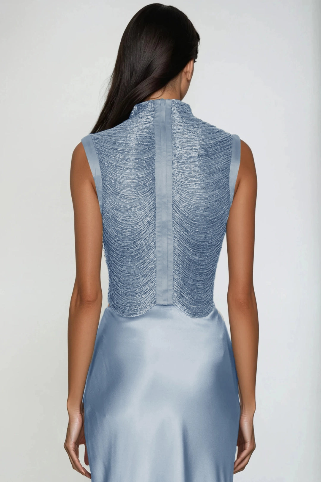 Aviora Draped High Neck Satin Maxi Skirt Set In Sky Blue