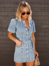Brielle - Belted Button-Front Denim Mini Dress 0