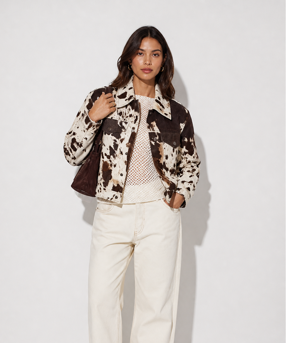Calista Statement Cow-Print Boxy Denim Jacket