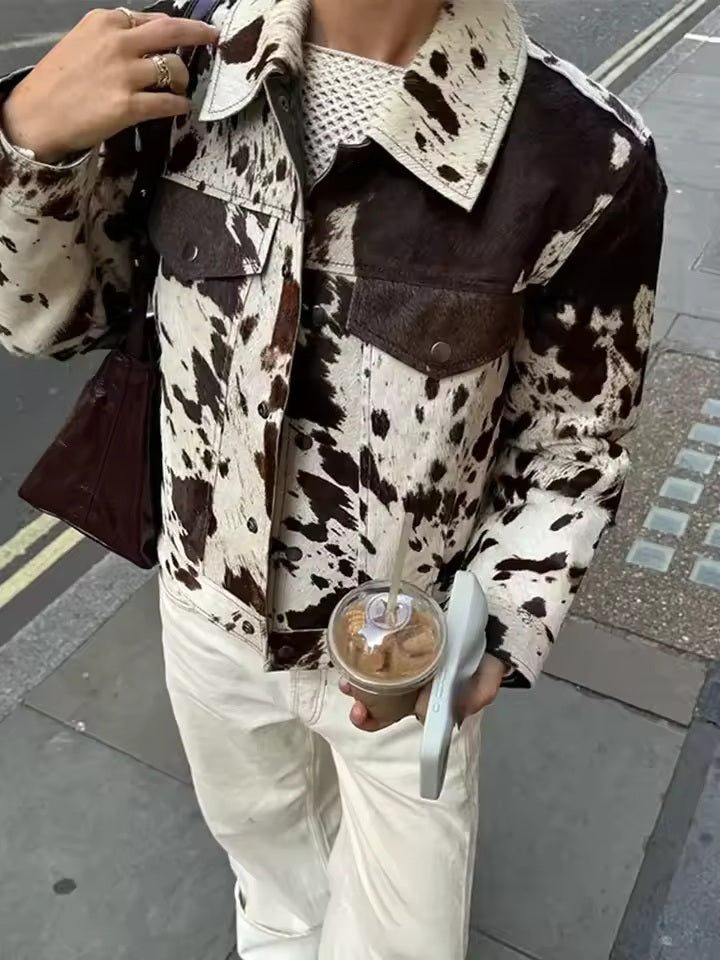 Calista Statement Cow-Print Boxy Denim Jacket