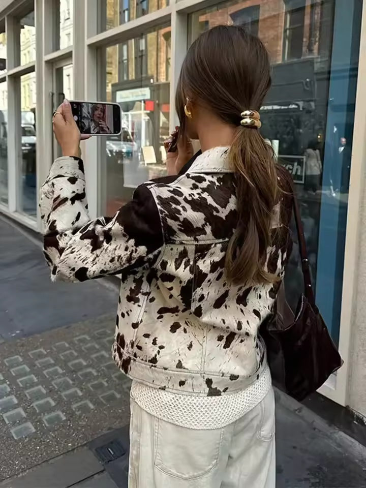 Calista Statement Cow-Print Boxy Denim Jacket