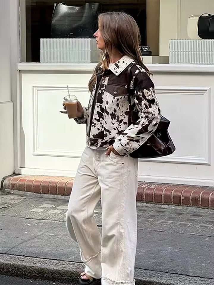 Calista Statement Cow-Print Boxy Denim Jacket