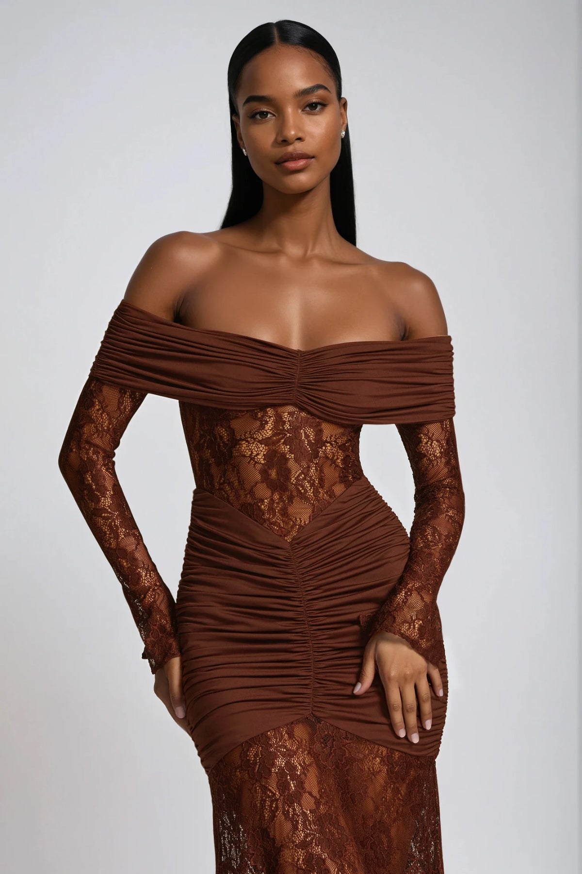 Camila Ruched Lace Maxi Dress