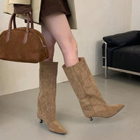 Camille Suede Pointed-Toe Kitten-Heel Knee Boots