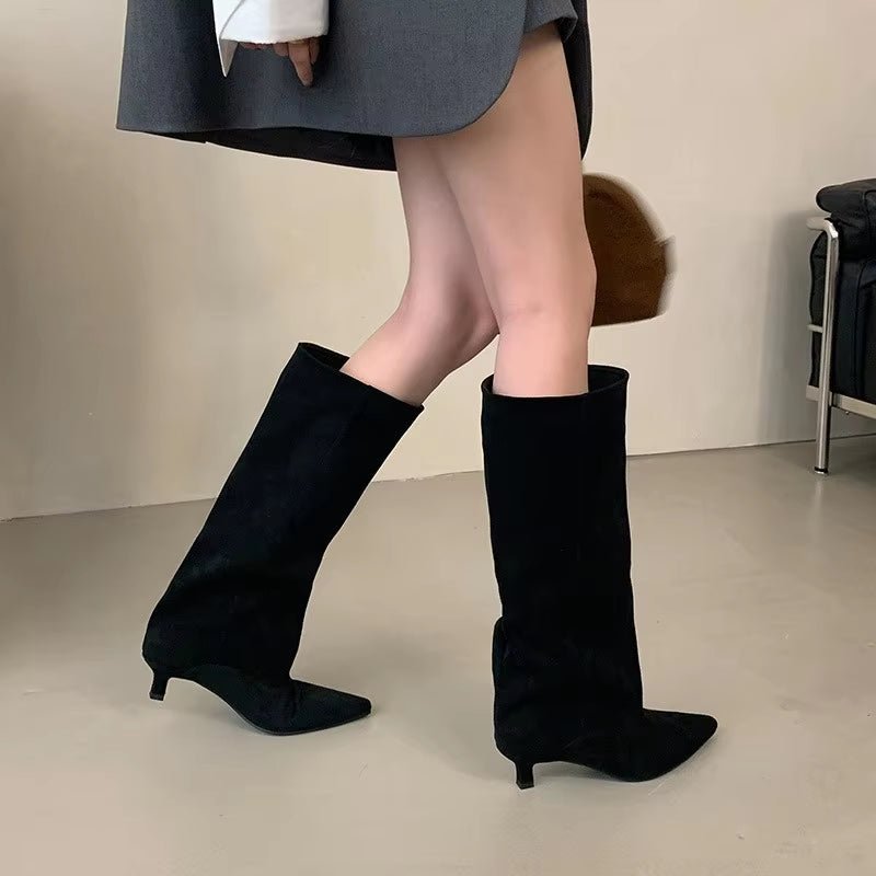 Camille Suede Pointed-Toe Kitten-Heel Knee Boots