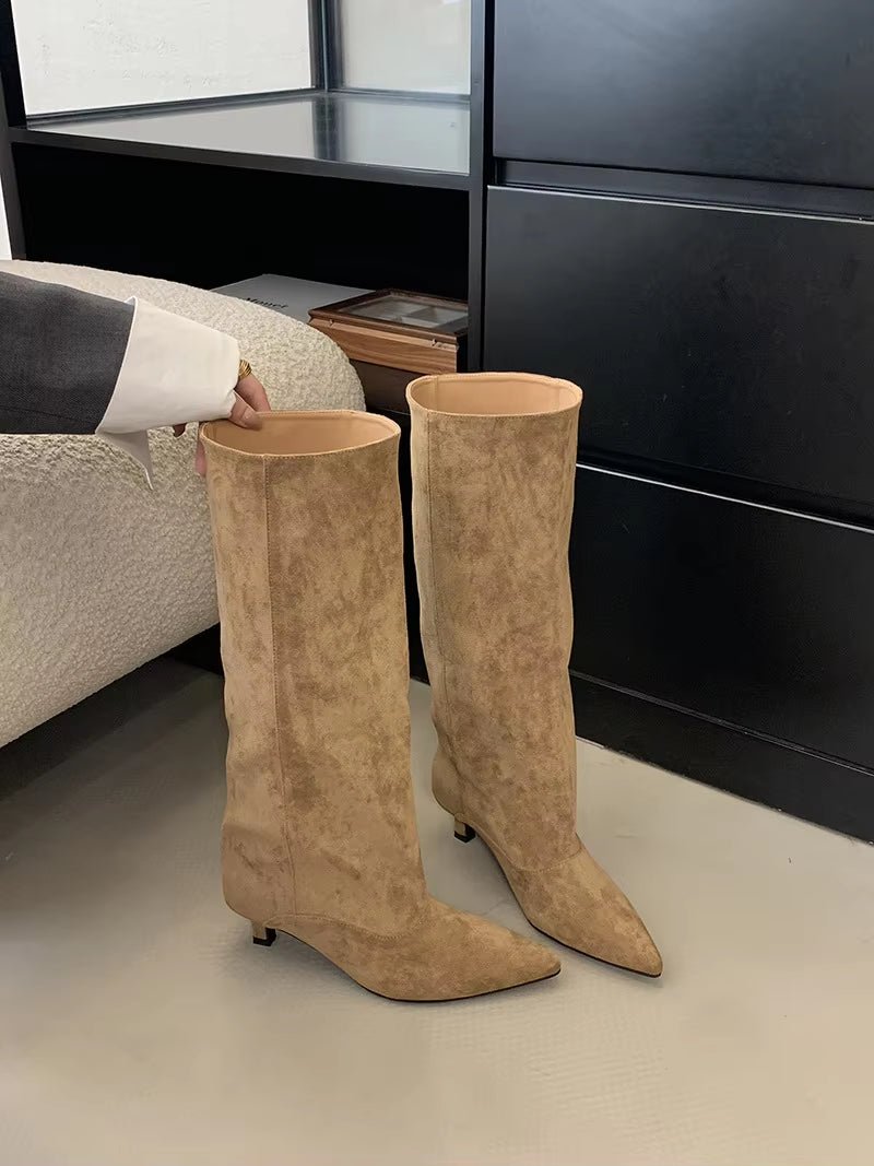 Camille Suede Pointed-Toe Kitten-Heel Knee Boots