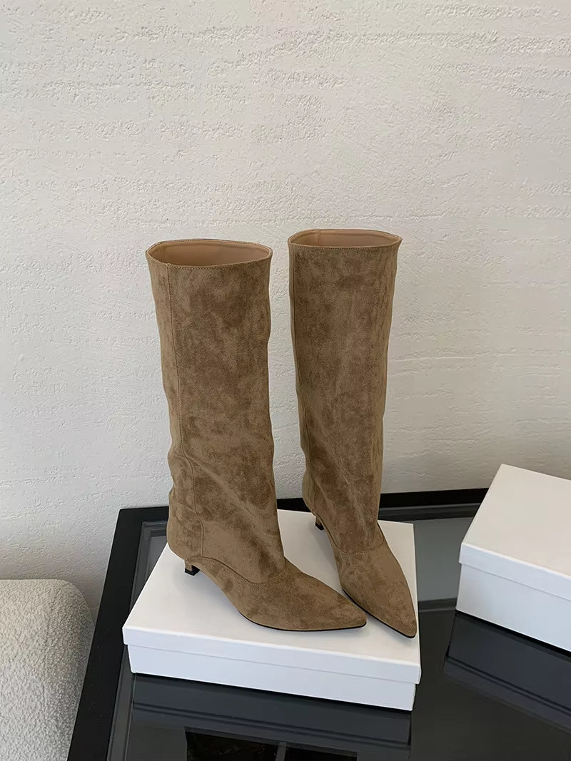 Camille Suede Pointed-Toe Kitten-Heel Knee Boots