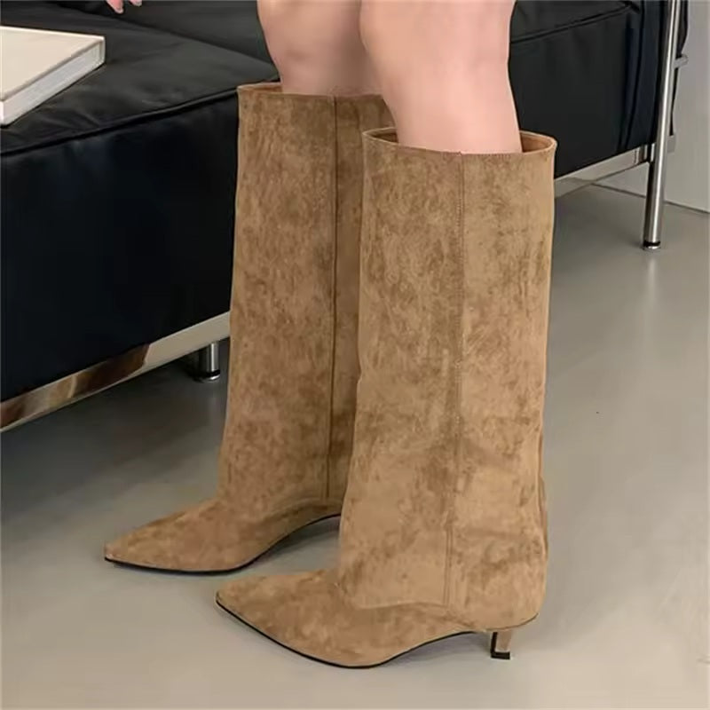 Camille Suede Pointed-Toe Kitten-Heel Knee Boots
