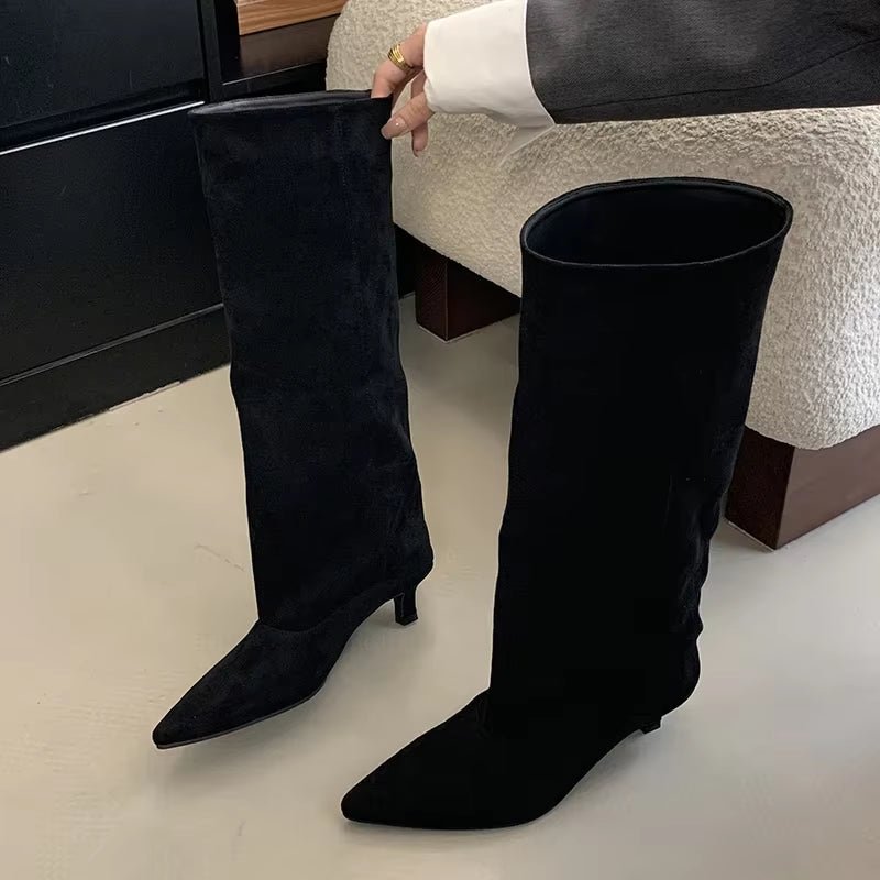 Camille Suede Pointed-Toe Kitten-Heel Knee Boots