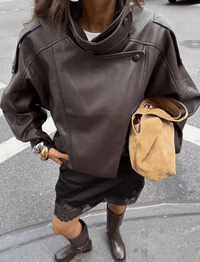 Maeve Asymmetrical High-Neck Faux-Leather Jacket