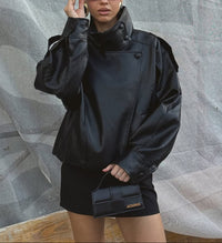 Maeve Asymmetrical High-Neck Faux-Leather Jacket