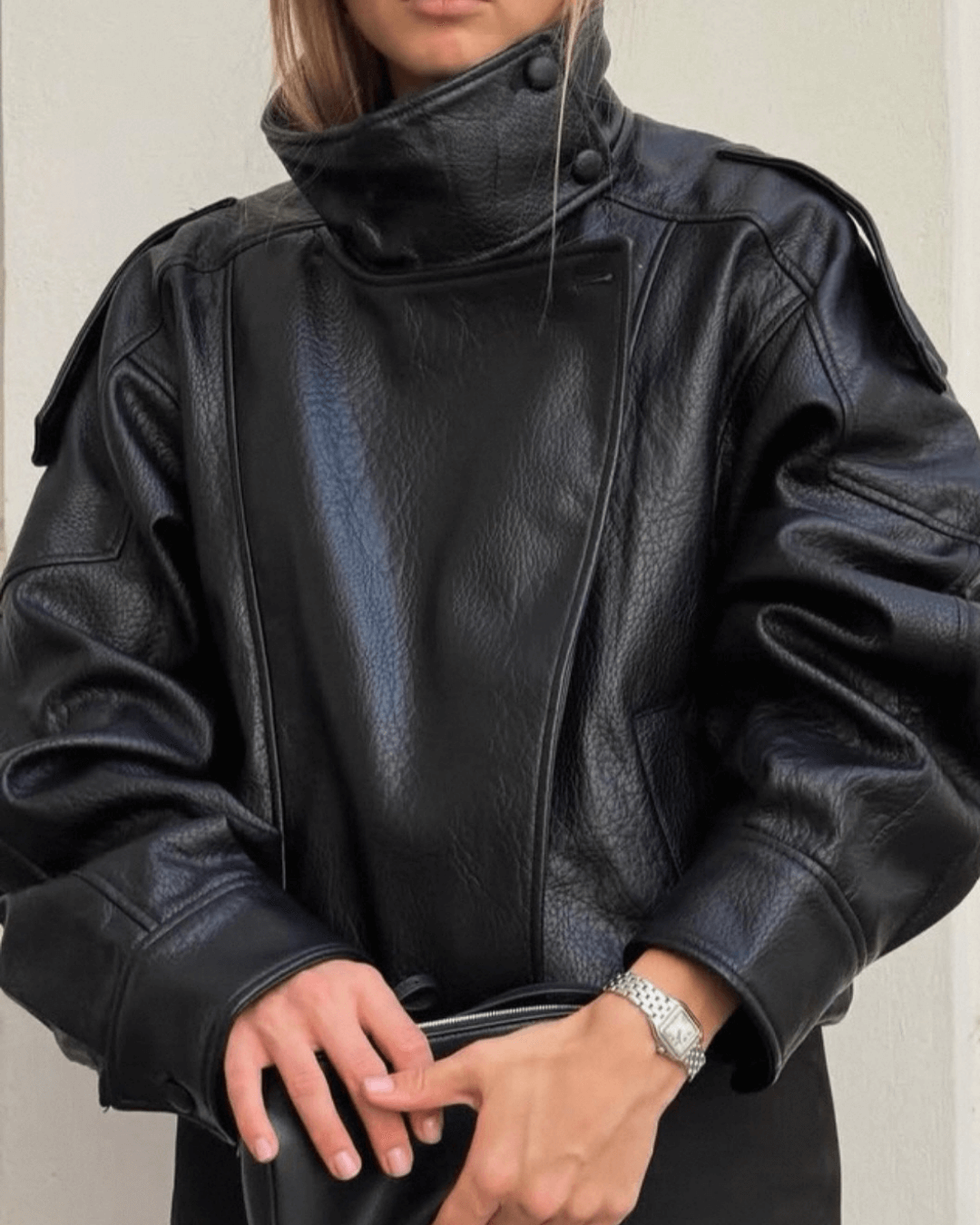 Maeve Asymmetrical High-Neck Faux-Leather Jacket