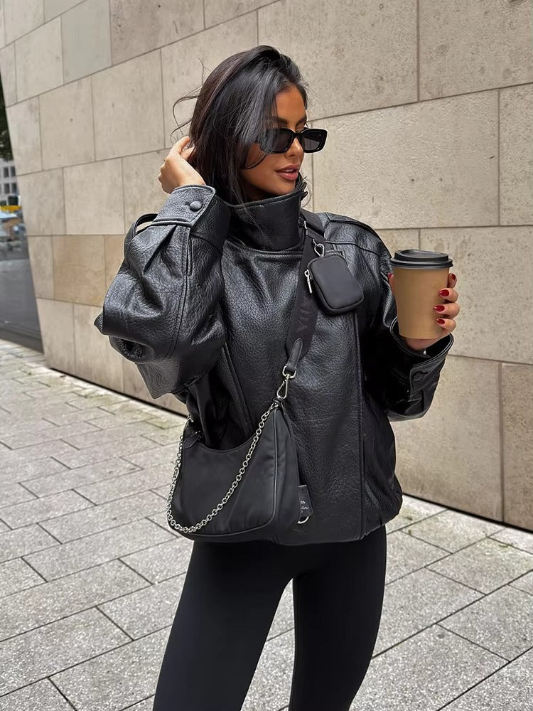 Maeve Asymmetrical High-Neck Faux-Leather Jacket