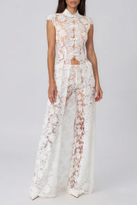 Celestia High-Neck Floral Lace Tunic & Wide-Leg Pants Set