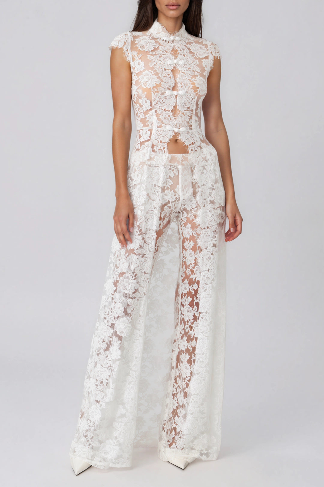 Celestia High-Neck Floral Lace Tunic & Wide-Leg Pants Set