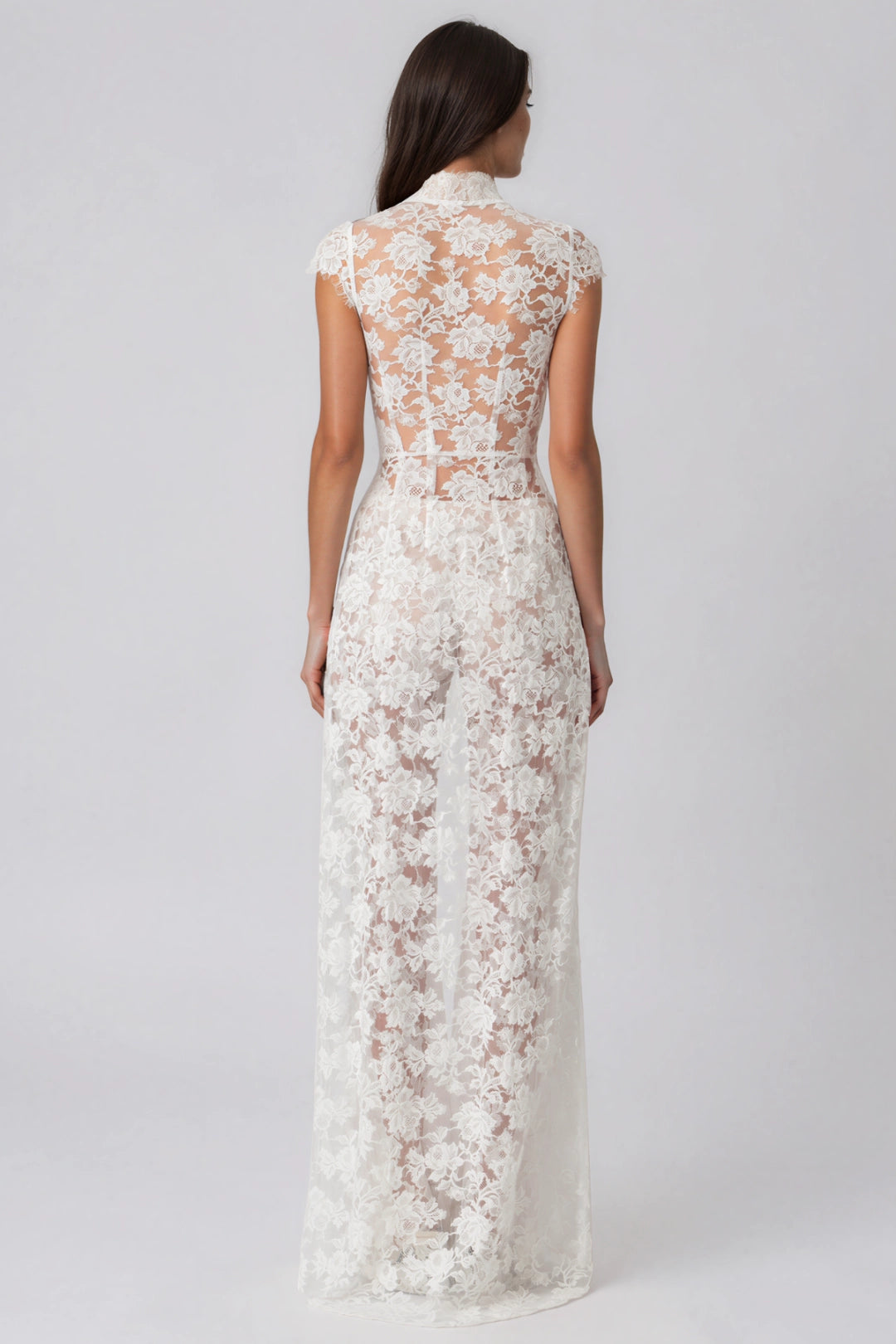 Celestia High-Neck Floral Lace Tunic & Wide-Leg Pants Set